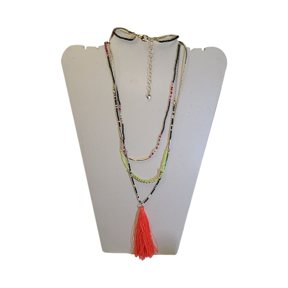 Colorful Beaded Multi-strand Orange Tassel Necklace‎ Signed V 28"-31"